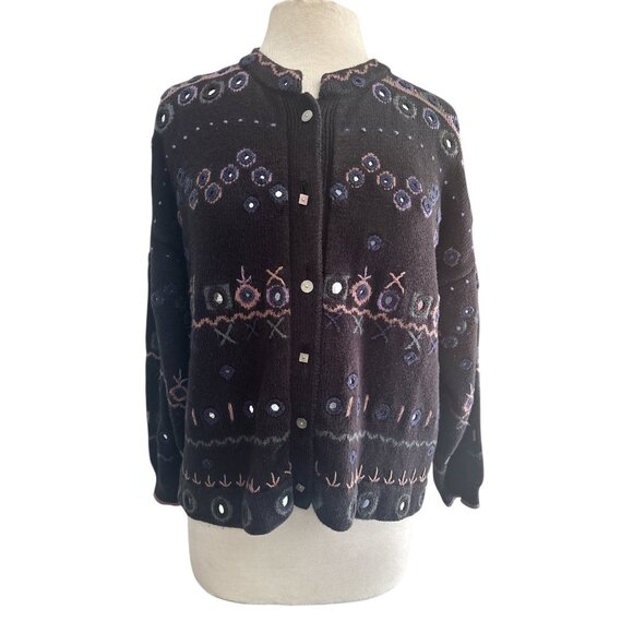 Christine Foley Embroidered Cotton Cardigan Sweater | Vintage Boho Folk Knit | S - Picture 2 of 9